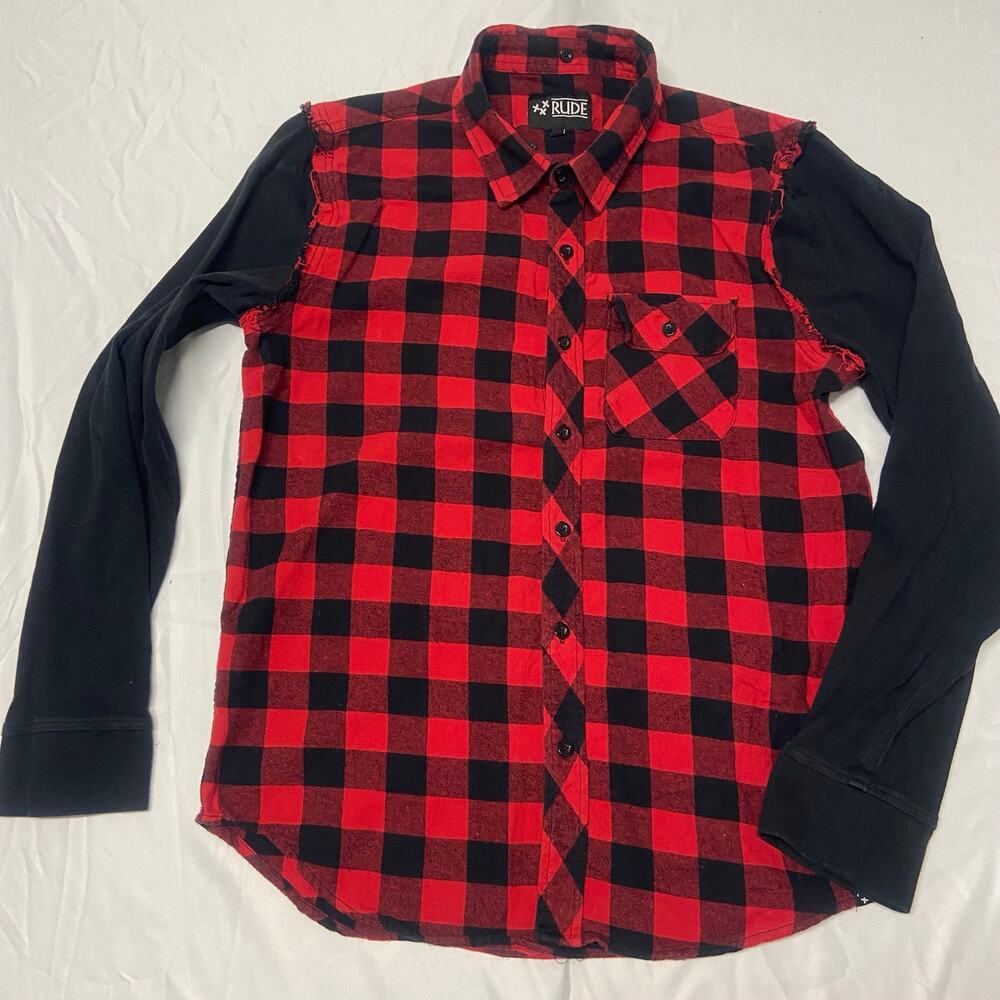 Rude Hot Topic Flannel Shirt Size S Hoodie But No Hood Buffalo Plaid Black Red